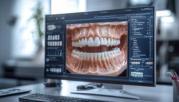 A comprehensive view of preventive dentistry, focusing on the expert's demonstration Utilizing 3D visuals, the techniques for proper oral hygiene are displayed The image offers a detailed look at photo