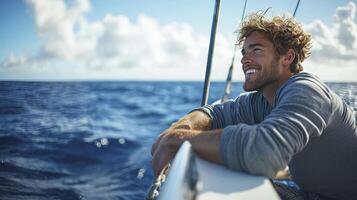 A joyful traveler embraces the freedom of the open sea on a sailboat, leaning against the railing with a bright, contagious smile The endless blue horizon stretches out before them, a canvas of photo