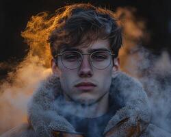 A contemplative student gazes outward, framed by wisps of ambient smoke, his brow furrowed in concentration The modern, thin-rimmed glasses perch lightly on his nose, reflecting the soft glow that photo