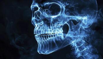 A mesmerizing depiction of a skull emerges from the depths, rendered with a spectral, ethereal glow The contours of the cranium, the delicate structure of the jaw, and the intricate details of the photo