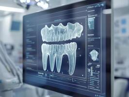 A preventive dentistry education session is underway, featuring an illustrated diagram displayed on a digital screen The screen showcases detailed dental structures, providing a visual aid for photo