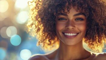 A radiant woman, her face alight with joy, is beautifully framed by a cascade of voluminous, curly hair, each strand catching the light She beams with a dazzling smile, her teeth sparkling like tiny photo
