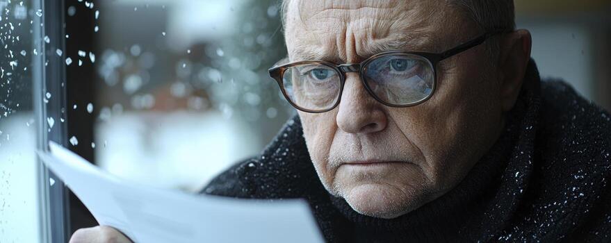 A senior man wearing glasses intently studies financial reports, analyzing data meticulously by a window Outside, snowflakes fall, adding a serene but contemplative atmosphere He contemplates his photo