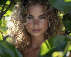 A radiant portrait emerges, capturing the essence of a curly-haired woman bathed in a soft, ethereal glow, illuminated by a gentle backlight that enhances her features She is embraced by a dreamlike photo