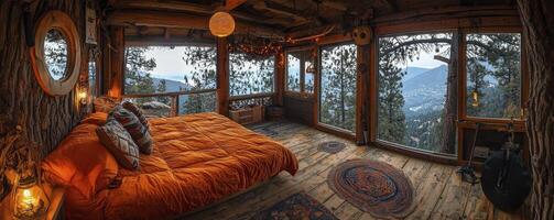 A serene morning unfolds as a camper awakens in a rustic treehouse, stretching languidly to greet the day Sunlight streams through panoramic windows, illuminating the cozy interior adorned with photo