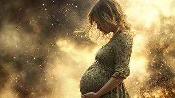 A serene pregnant woman embodies prenatal wellness, captured in a photograph showcasing a deep side stretch The image highlights the importance of maintaining flexibility during pregnancy, promoting photo