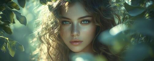 Amidst the soft, ethereal glow of a setting sun, a woman with a cascade of curly, light brown hair is bathed in warm, golden light Her gentle smile radiates warmth, and her sparkling eyes reflect the photo