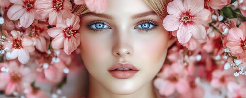 An ethereal beauty emerges, adorned with a cascade of radiant blooms that crown her golden hair Her gaze, a captivating azure, holds secrets of ancient forests and forgotten lore The delicate blush photo
