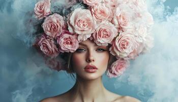 An ethereal portrait emerges, bathed in the soft glow of surreal colors A woman adorned with a magnificent floral headdress, a symphony of pink roses cascading around her head, exudes an aura of photo