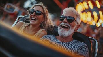 An elderly couple, their faces etched with time's gentle hand, revel in the boundless joy of an amusement park ride, their youthful spirits ignited Laughter dances on the wind, a symphony of shared photo