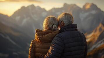 As golden hues paint the canvas of dawn, a senior couple stands embraced atop a majestic mountain peak Their weathered faces, etched with time's gentle hand, reflect a shared lifetime of adventures photo