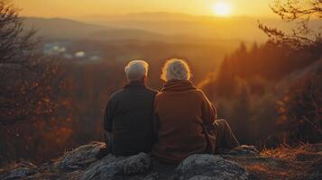 At the summit of life, two souls intertwined, watch a new dawn paint the sky with hues of gold and serenity A senior couple, their silver hair kissed by the first light, share a quiet moment of photo