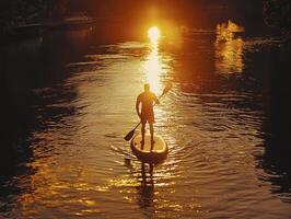 As the sun dips low, painting the sky with fiery hues, a lone paddleboarder glides across the tranquil lake Golden reflections dance on the water's surface, mirroring the vibrant colors above The photo