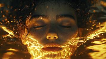 Bathed in ethereal light, a curly-haired woman transcends reality, her face a serene canvas reflecting inner peace and quiet strength The soft bokeh dances around her, a halo of shimmering orbs photo