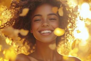 Bathed in golden light, a radiant woman with cascading curly hair emanates pure joy Her eyes are closed in blissful contentment as she smiles, a picture of serenity The magical backlit glow photo