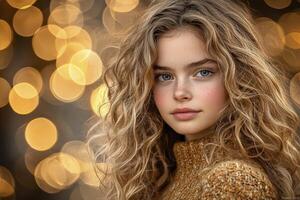 Bathed in a soft, golden luminescence, a young woman with cascading, honey-toned curls becomes the focal point The gentle, diffused bokeh in the background casts a warm, dreamlike quality photo