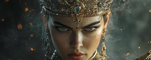 Behold the majestic sovereign, an ethereal enchantress draped in the opulent tapestry of Baroque splendor Adorned with gemstone-studded floral motifs, she exudes an aura of regality and otherworldly photo