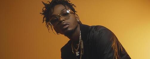 Captivating portrait showcasing a young, modern individual, immersed in a world of artistic expression The subject exudes confidence with gold accessories and stylish glasses, against a calm and photo