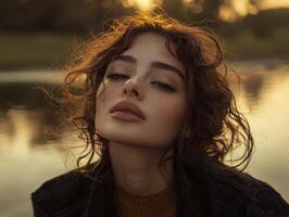 Captivating portrait unveils a woman with a cascade of auburn curls, gently illuminated by the ethereal glow of the setting sun The warm, golden light delicately traces the contours of her face photo