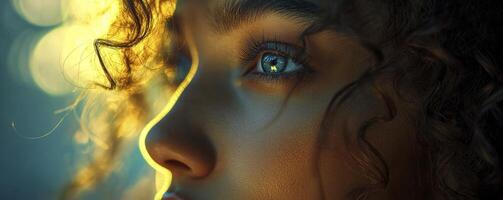 Captured in a mesmerizing close-up, a woman's profile is bathed in ethereal light Her captivating blue eye gazes with a hint of mystery, while her curly hair, a cascade of golden strands, shimmers photo