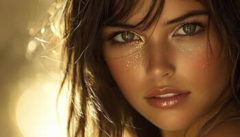 Captured in a mesmerizing headshot, a woman exudes timeless beauty enhanced by delicate gold accents Her gaze, both intense and inviting, draws viewers into a world of sophisticated elegance A warm photo
