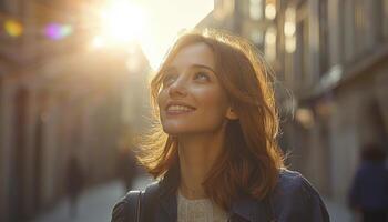 Captured in a radiant halo, a woman exudes pure joy Her eyes, sparkling with delight, reflect the surrounding luminous glow The soft, warm light enhances her natural beauty, creating an enchanting photo