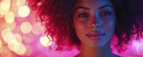 Captured in a radiant glow, a curly-haired woman exudes pure joy Her captivating expression draws you into a world of warmth and happiness, amplified by the shimmering bokeh lights that dance around photo