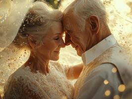 Celebrating a momentous golden wedding anniversary, an elderly couple finds joy in reflecting upon their enduring love story Shared smiles and tender embraces encapsulate a journey of shared dreams photo