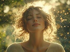 Enchanting allure of a woman with vibrant, curly hair, bathed in the warm embrace of sunlight, her face tilted upwards in serene contentment, eyes closed in peaceful reverie, freckles dance lightly photo