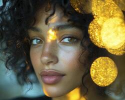 Enchanting portrait of a curly-haired woman bathed in ethereal light, where dreams and reality intertwine Soft bokeh dances around her, creating an atmosphere of pure magic Her eyes, like pools of photo