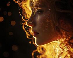 Enthralling portrait of a woman, her silhouette delicately outlined by a radiant, ethereal glow The soft curls of her hair cascade around her face, catching the light and creating a mesmerizing halo photo