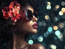 Enchanting portrait of a woman immersed in a dreamlike setting, her skin adorned with vibrant, luminous floral tattoos The soft focus lends an ethereal quality, accentuating the subject's natural photo