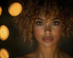 Envision a captivating portrait, bathed in the ethereal glow of bokeh, illuminating the radiant face of a woman whose curly hair cascades around her like a halo of light Her expression, a symphony of photo