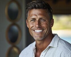 Here's a stunning portrait capturing the essence of a modern man, radiating confidence and approachability His neatly styled haircut frames a face etched with character, hints of wisdom, and genuine photo