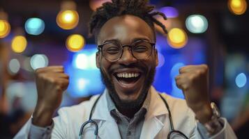 In a beacon of hope, a triumphant doctor, his face etched with genuine joy, celebrates a patient's remarkable progress The medical success story unfolds within the warm embrace of an inviting clinic photo