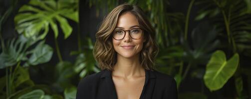 In a brightly lit, lush setting, a radiant startup founder beams with confidence, showcasing her personal brand through this captivating photograph Dressed impeccably and sporting stylish glasses photo