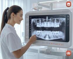 In a brightly lit, modern dental clinic, a knowledgeable dental expert is carefully adjusting a large, high-resolution digital X-ray screen The screen displays a detailed panoramic image of a photo