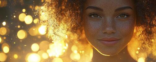 In a captivating display of radiant beauty, a curly-haired woman graces the scene, her joyful expression illuminating her features She is embraced by a mesmerizing array of glowing bokeh lights that photo