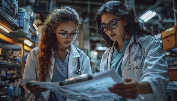 In a bustling hospital setting, a doctor and a nurse collaborate, meticulously analyzing a patient's progress chart Their focused expressions highlight their dedication to ensuring the patient's photo