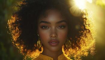 In a captivating portrait, a radiant woman with voluminous, curly hair becomes a beacon of natural beauty, bathed in the ethereal glow of a soft, magical bokeh The backlight dances around her photo