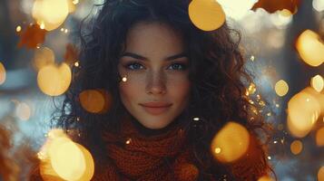 In a captivating tableau, a woman with a cascade of dark, curly hair stands as the focal point, her presence accentuated by an ethereal halo of enchanting bokeh lights These shimmering orbs, like photo