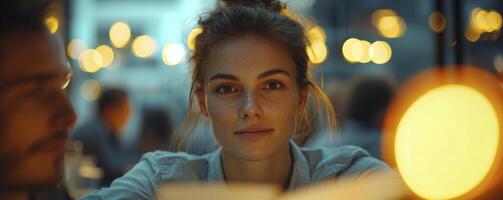 In a cozy cafe, bathed in warm, inviting light, a young woman looks directly at the viewer, a subtle smile gracing her lips She exudes confidence and approachability, her eyes sparkling with photo