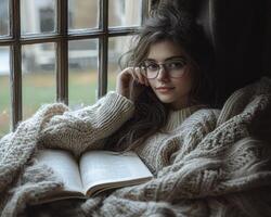 In a cozy nook by the window, a young woman finds solace in the pages of a book, her fingers gently adjusting her glasses The soft light filters through the panes, casting a warm glow upon her face photo