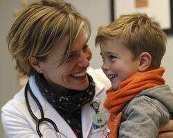 In a heartening scene, a smiling nurse offers a colorful sticker to a young child following a routine medical examination, fostering a positive association with healthcare experiences and promoting a photo