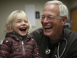 In a heartwarming display of medical compassion, a kind doctor brings joy to a young patient during a routine check-up, sharing a lighthearted moment filled with infectious laughter and genuine photo