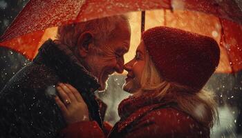 In a heartwarming scene of enduring love, a senior couple finds solace and joy amidst a gentle rain shower They stand embraced, sheltered by a vibrant umbrella that casts a warm glow upon their photo