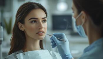 In a meticulously arranged dental workspace, the focus is on professional teeth cleaning A young female patient is undergoing a routine checkup, her expression calm as the dentist gently examines her photo