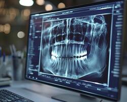 In a modern and futuristic medical clinic, a high-resolution digital dental scan is vividly displayed on a cutting-edge holographic screen The scan showcases intricate details of the patient's dental photo