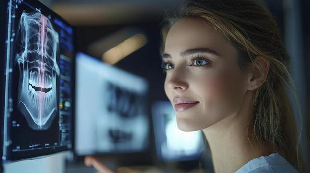 In a modern dental clinic, a blonde female dentist is analyzing an X-ray image on a large monitor, assisted by an AI-powered diagnostic system The system appears to be highlighting key areas of photo