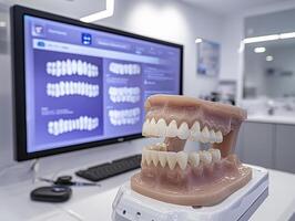 In a modern dental clinic, an educational session on preventive dentistry unfolds A digital screen displays an illustrated diagram, enhancing the learning experience The scene is set with a focus on photo